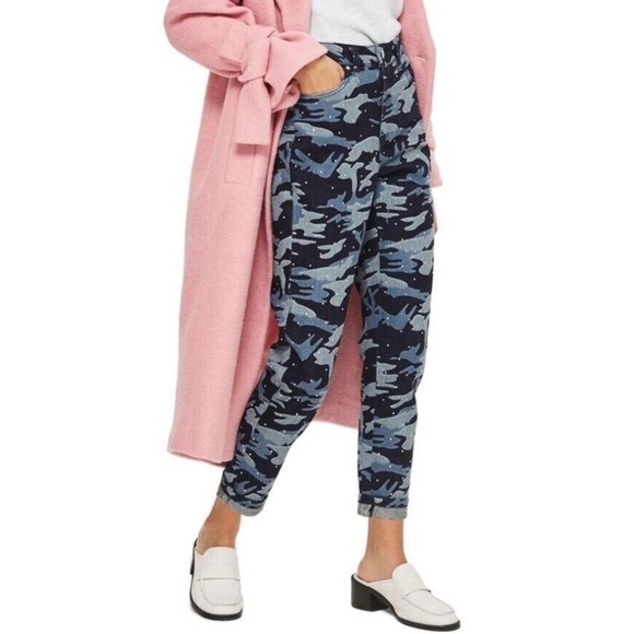 Q038 Topshop Moto Camo Diamanté Mom Jeans - Picture 1 of 5